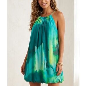 BCBGMAXAZRIA Women Green Casual Silk Top Dress Bubble Hem Size S